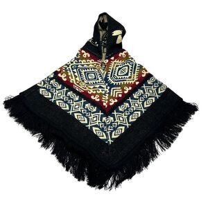 Boho Fringe Hooded Poncho Multicolor Aztec Kids One Size Winter
